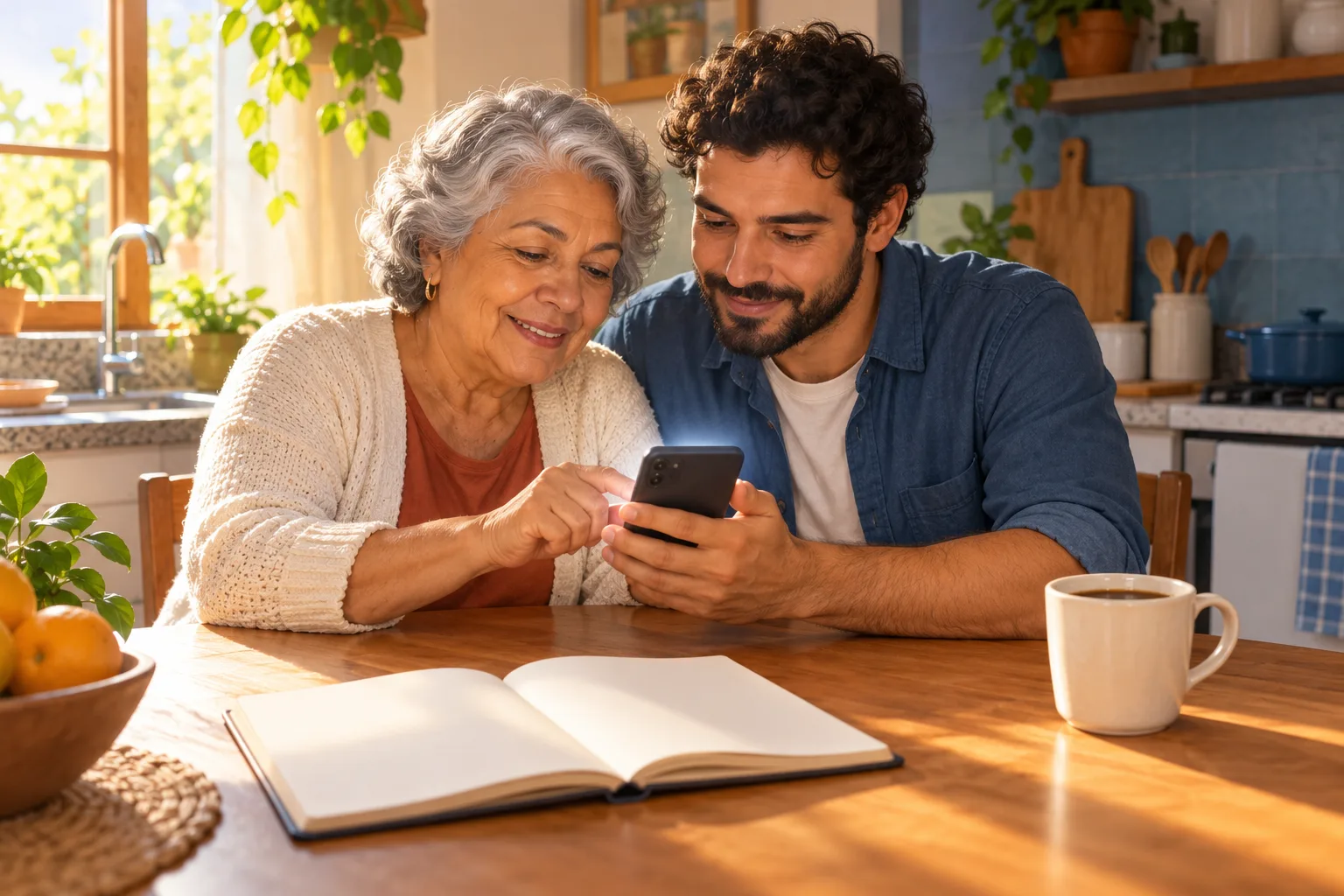 Aposentada e filho olham juntos o celular na mesa da cozinha
